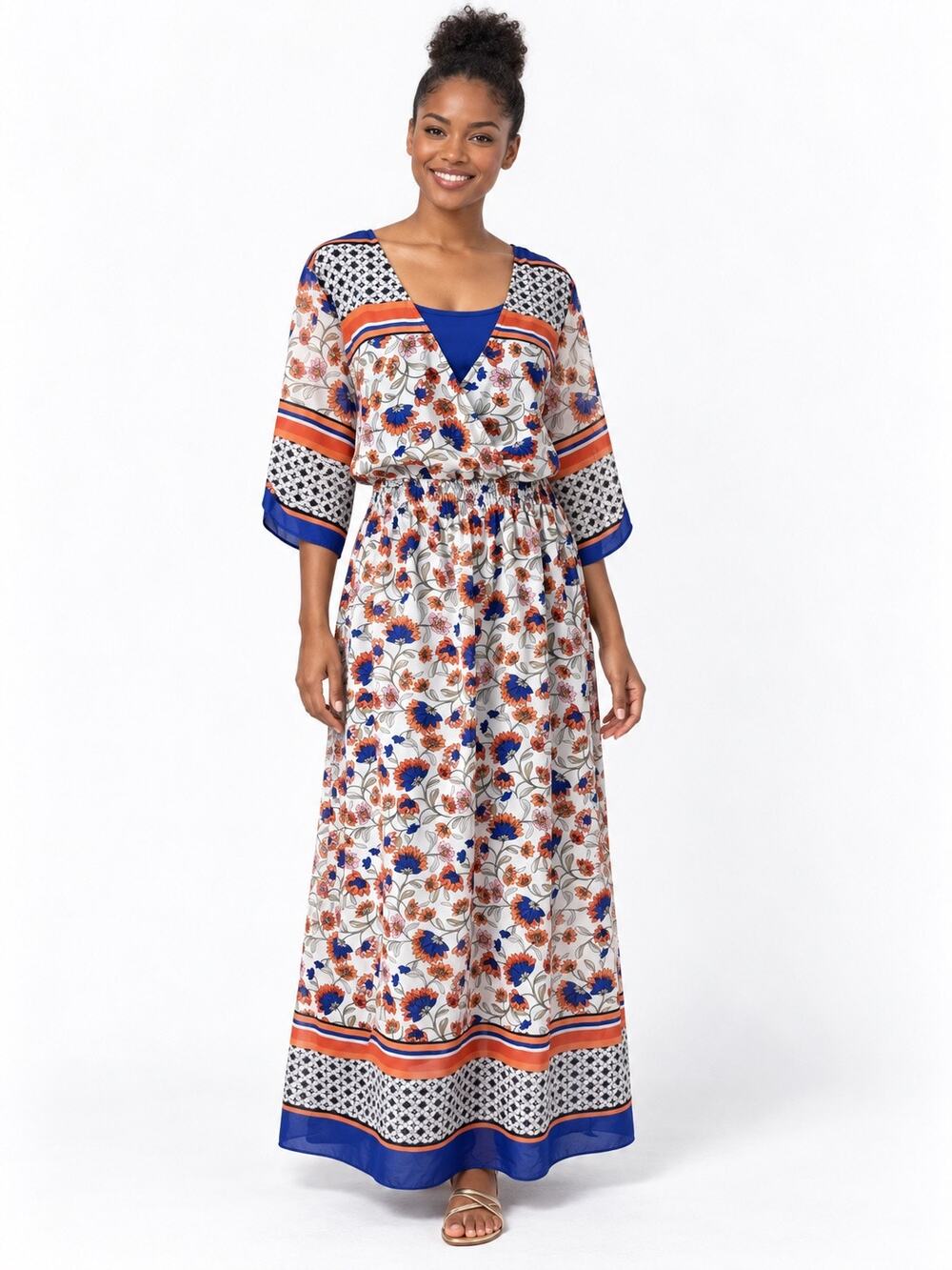 Enfocus Studio Blue, Orange & White Floral Print Smocked Half Sleeve Maxi Dress